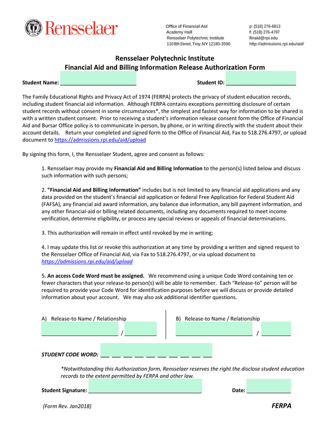 Financial Aid And Billing Information Release Authorization Form screenshot
