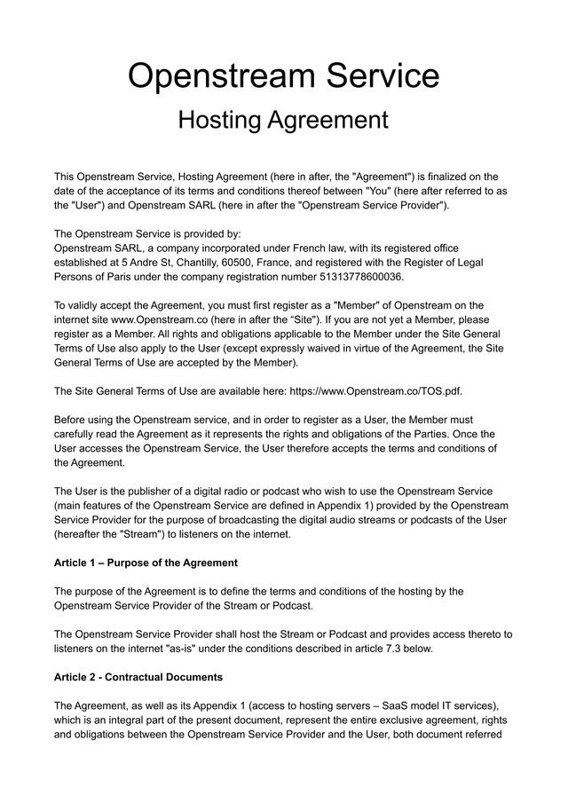 Openstream Service Hosting Agreement screenshot