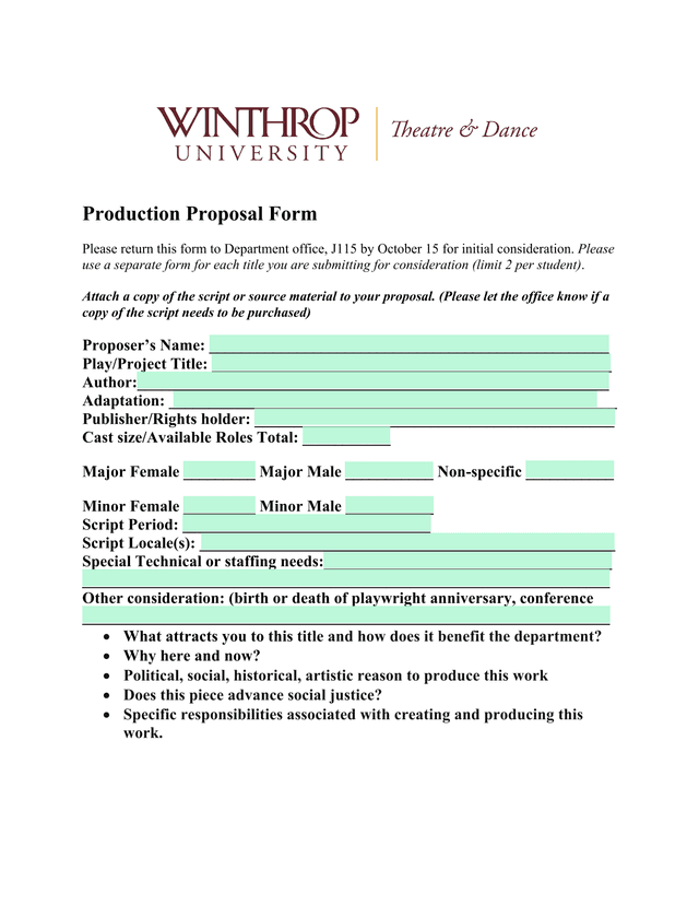 Production Proposal Form screenshot