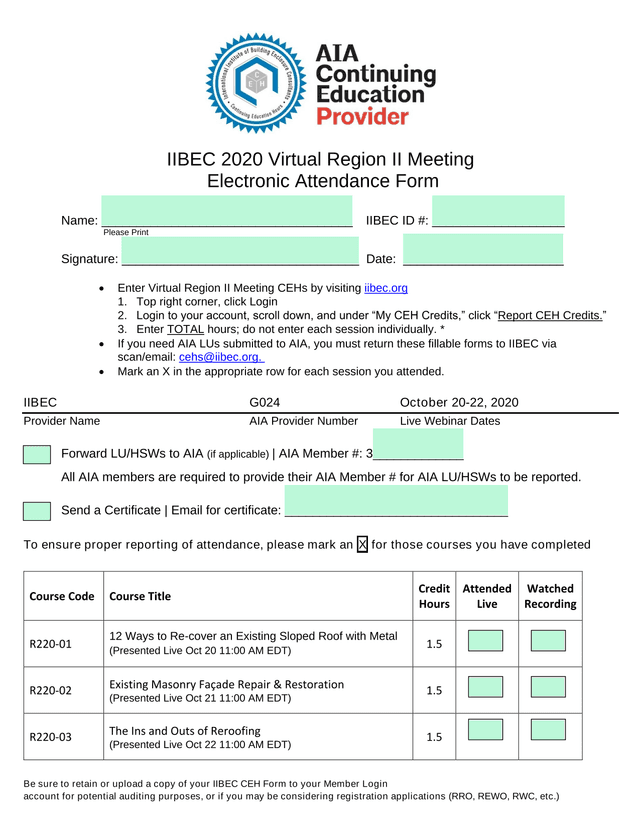 IIBEC 2020 Virtual Region II Meeting Electronic Attendance Form screenshot