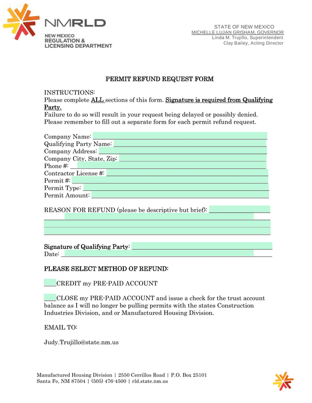 PERMIT REFUND REQUEST FORM screenshot