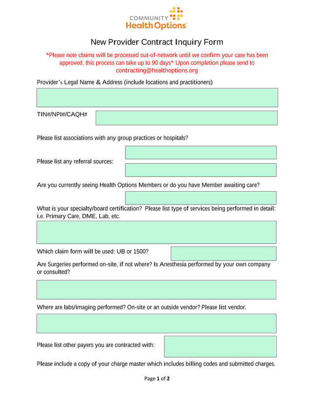 New Provider Contract Inquiry Form screenshot