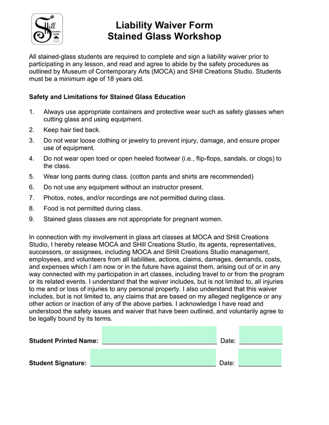 Liability Waiver Form   Stained Glass Workshop screenshot