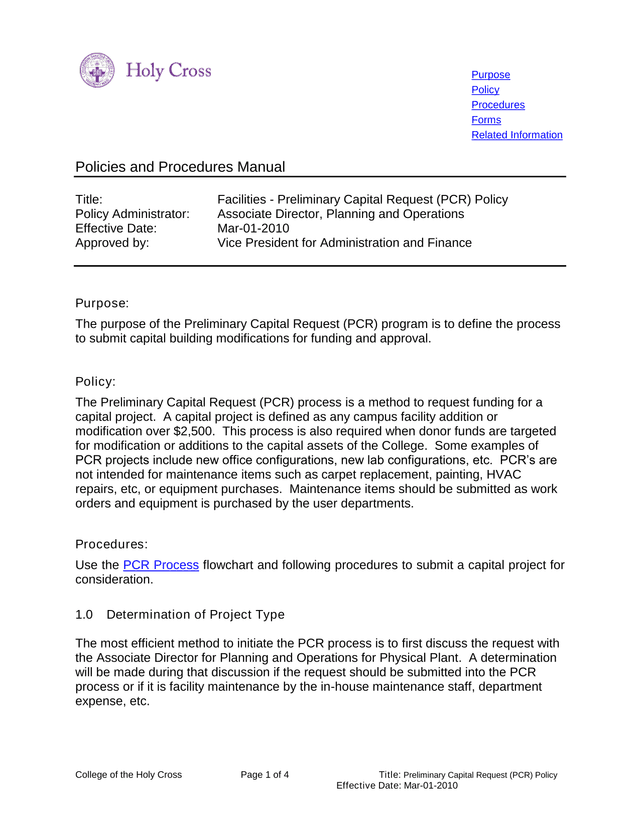 Preliminary Capital Request (PCR) Policy screenshot
