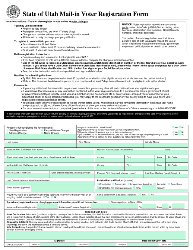 State Of Utah Mail In Voter Registration Form screenshot