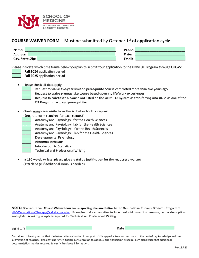 Course Waiver Form screenshot