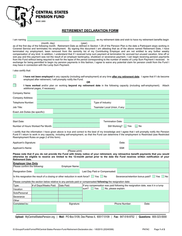 Central States Pension Fund Retirement Declaration screenshot