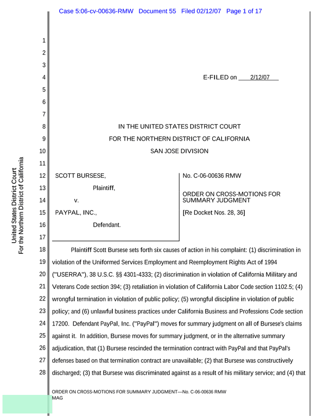 Order On Cross Motions For Summary Judgment screenshot