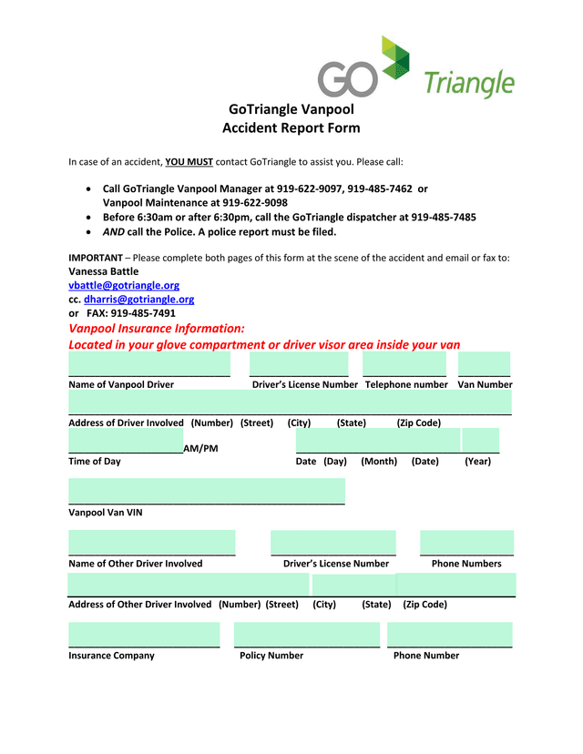GoTriangle Vanpool Accident Report Form screenshot