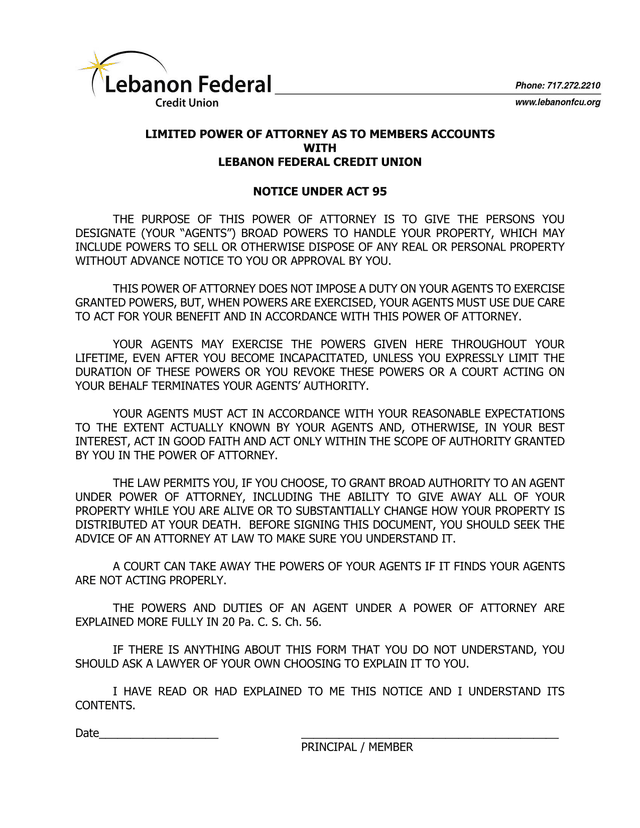 Limited Power Of Attorney As To Members Accounts With Lebanon Federal Credit Union screenshot