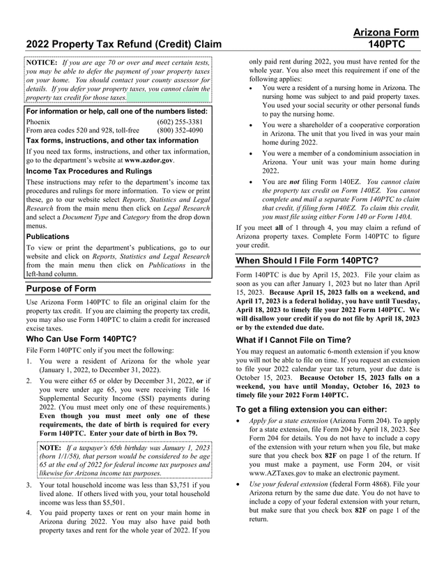 Arizona Form 2022 Property Tax Refund (Credit) Claim screenshot