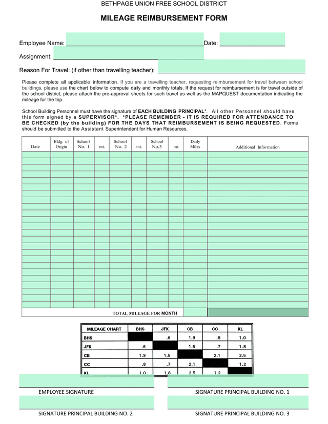 MILEAGE REIMBURSEMENT FORM screenshot