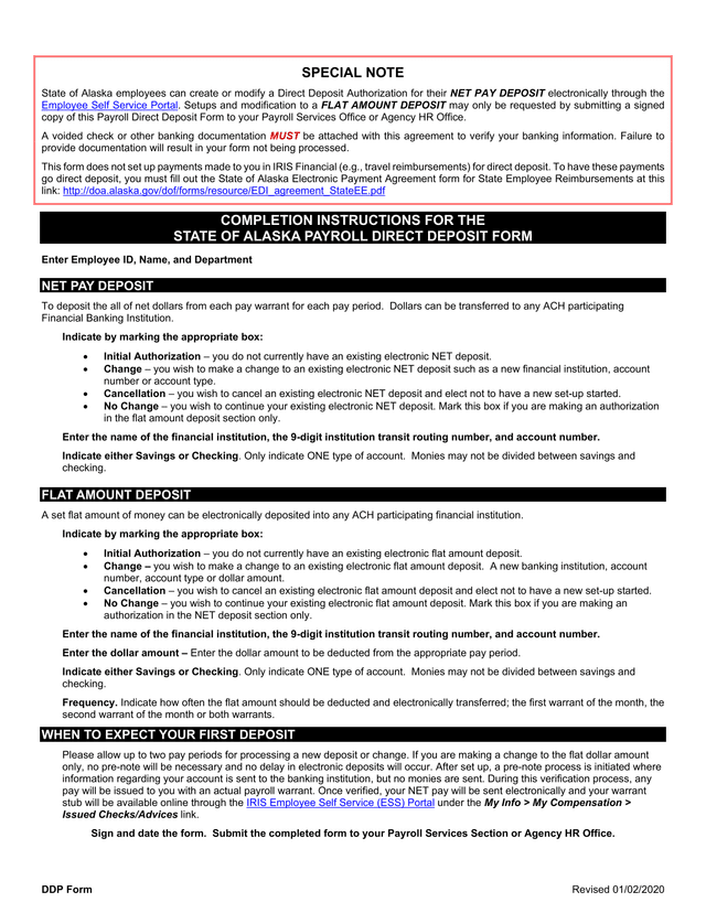 State Of Alaska Payroll Direct Deposit Form screenshot