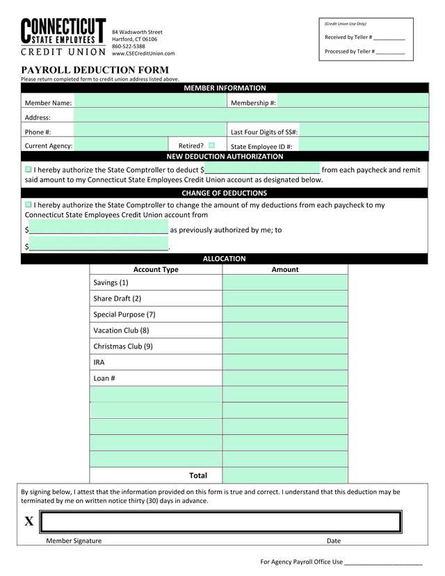 Payroll Deduction Form screenshot