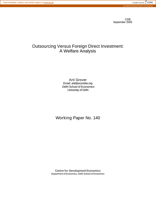 Outsourcing Versus Foreign Direct Investment A Welfare Analysis screenshot