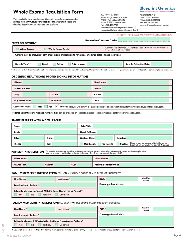 Whole Exome Requisition Form screenshot