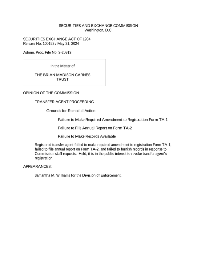Securities And Exchange Commission Release No. 100192 screenshot
