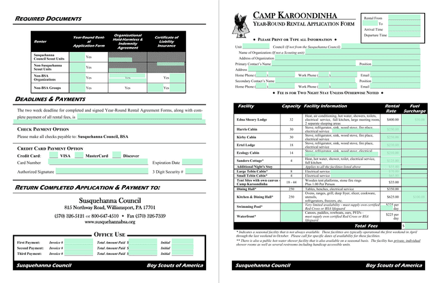 Camp Karoondinha Year Round Rental Application Form screenshot
