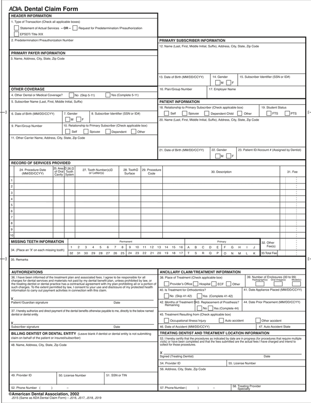 Dental Claim Form screenshot