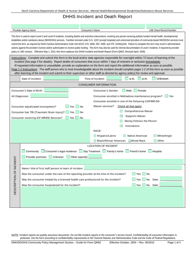 DHHS Incident And Death Report screenshot