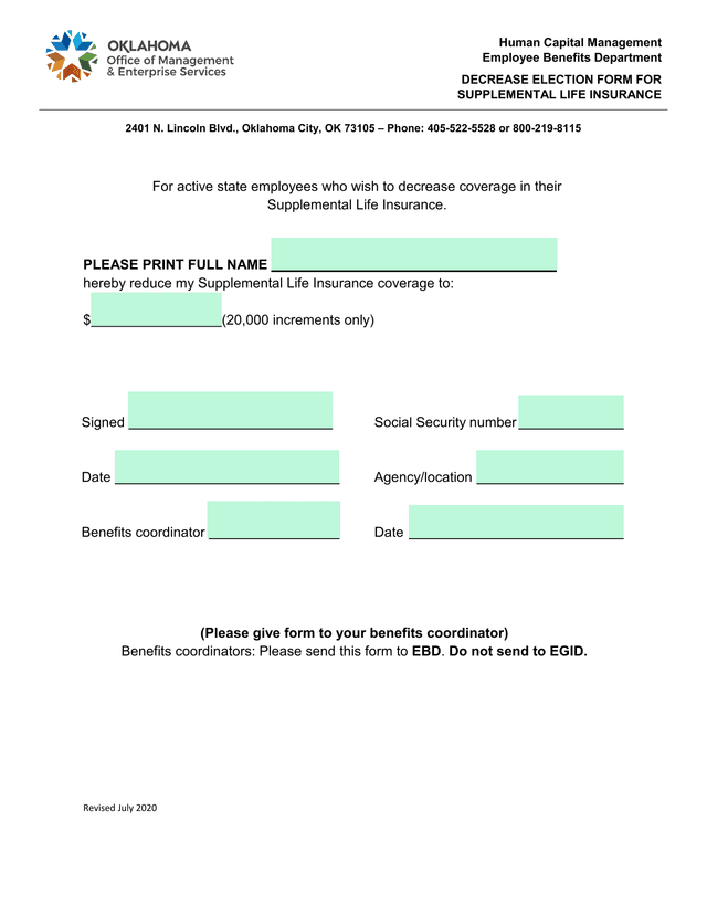 Decrease Election Form For Supplemental Life Insurance screenshot