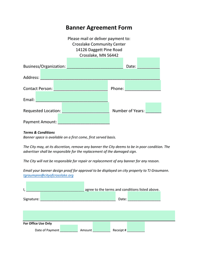 Banner Agreement Form screenshot