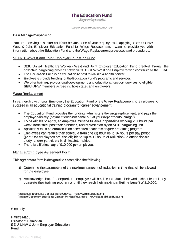 SEIU UHW West  Joint Employer Education Fund Wage Replacement ManagerEmployee Agreement Form screenshot