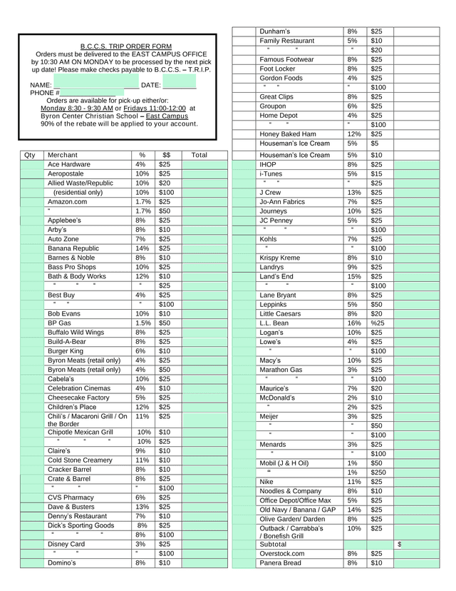 B.C.C.S. TRIP ORDER FORM screenshot