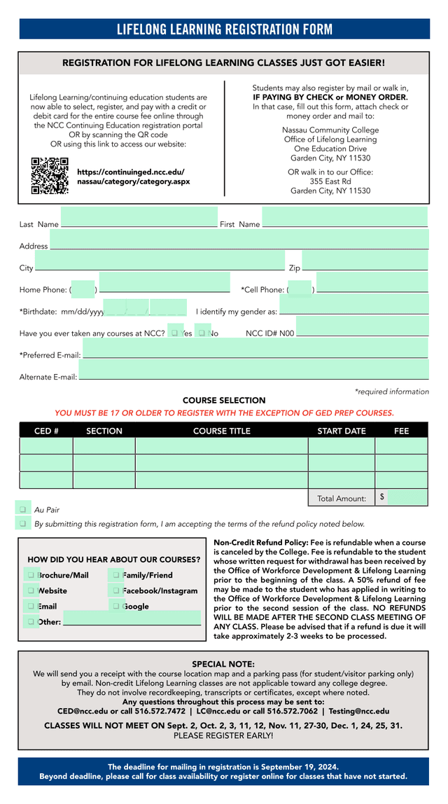 Lifelong Learning Registration Form screenshot