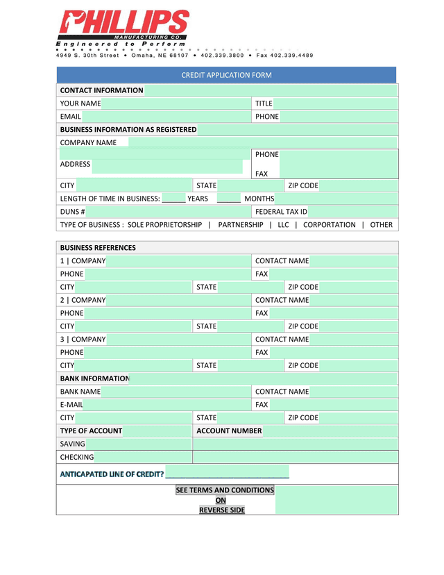 CREDIT APPLICATION FORM screenshot