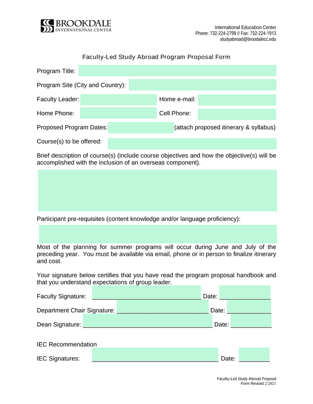 Faculty Led Study Abroad Proposal Form screenshot