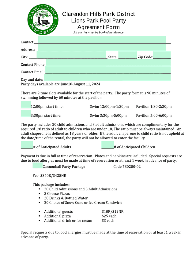 Lions Park Pool Party Agreement Form screenshot