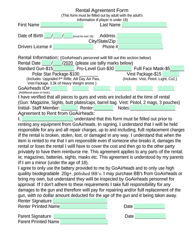 Rental Agreement Form screenshot