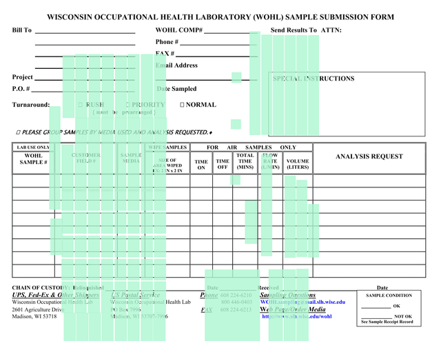 Wisconsin Occupational Health Laboratory (WOHL) Sample Submission Form screenshot