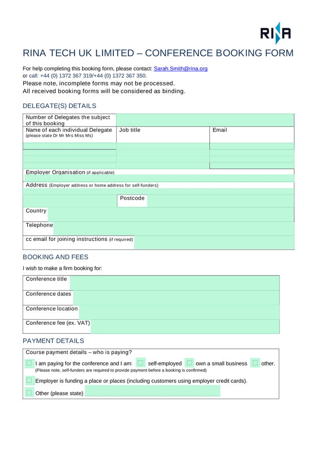 RINA TECH UK LIMITED  CONFERENCE BOOKING FORM screenshot