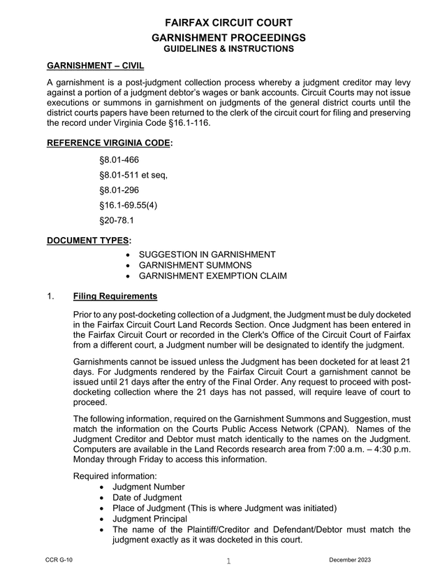 Garnishment Proceedings Guidelines  Instructions screenshot