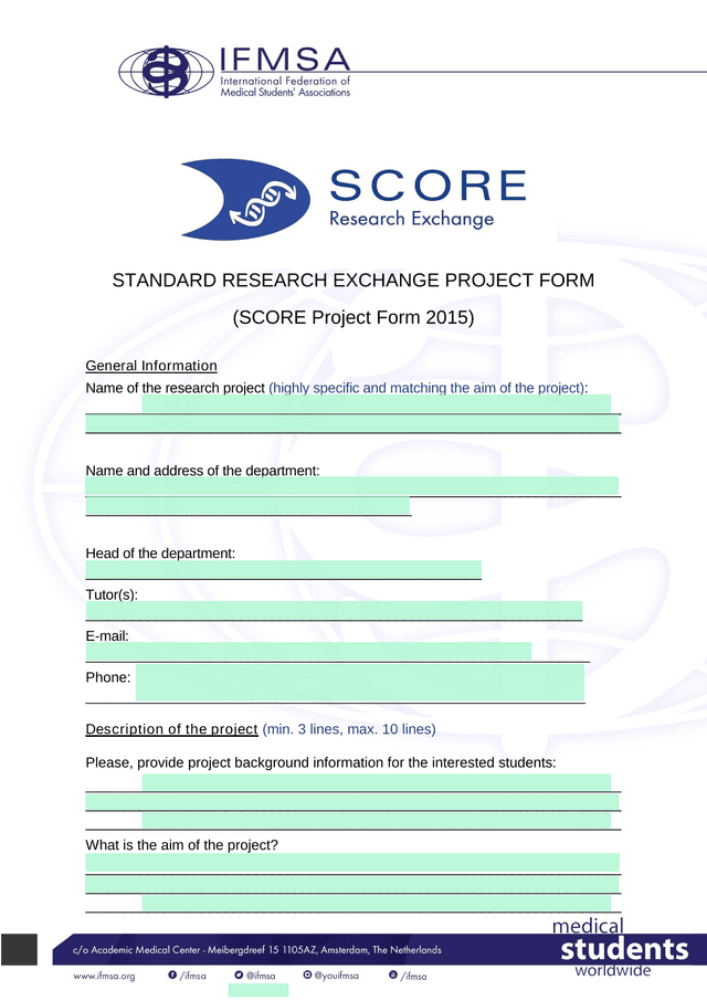 STANDARD RESEARCH EXCHANGE PROJECT FORM (SCORE Project Form 2015) screenshot