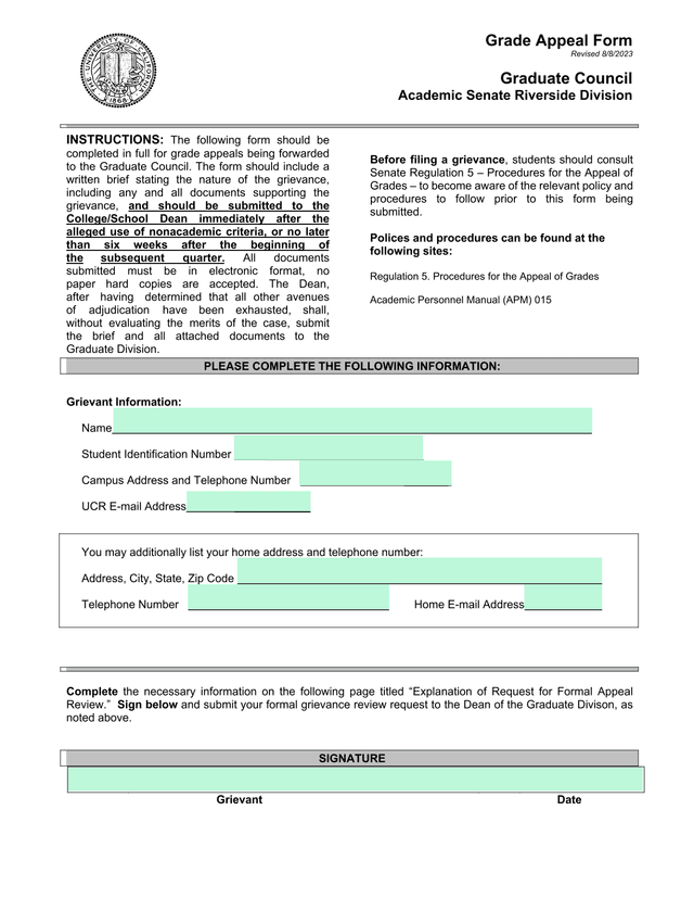 Grade Appeal Form screenshot