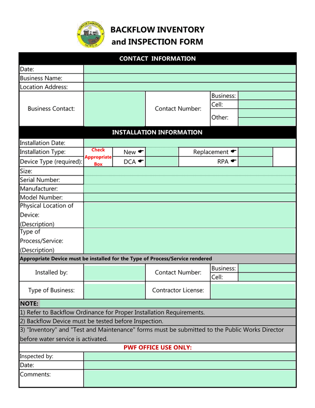 BACKFLOW INVENTORY And INSPECTION FORM screenshot