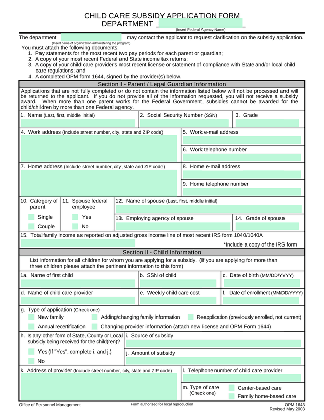 Child Care Subsidy Application Form screenshot