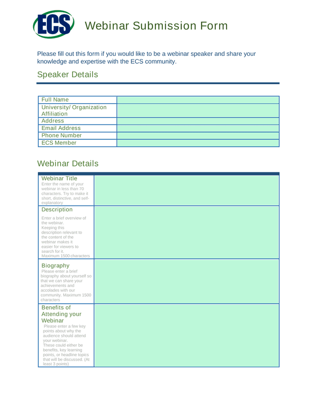 Webinar Submission Form screenshot