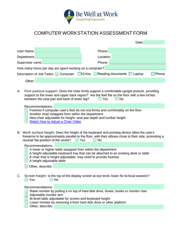 Computer Workstation Assessment Form screenshot