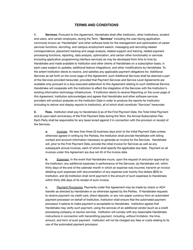 Handshake Services Terms And Conditions screenshot