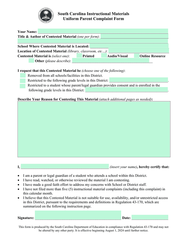 South Carolina Instructional Materials Uniform Parent Complaint Form screenshot