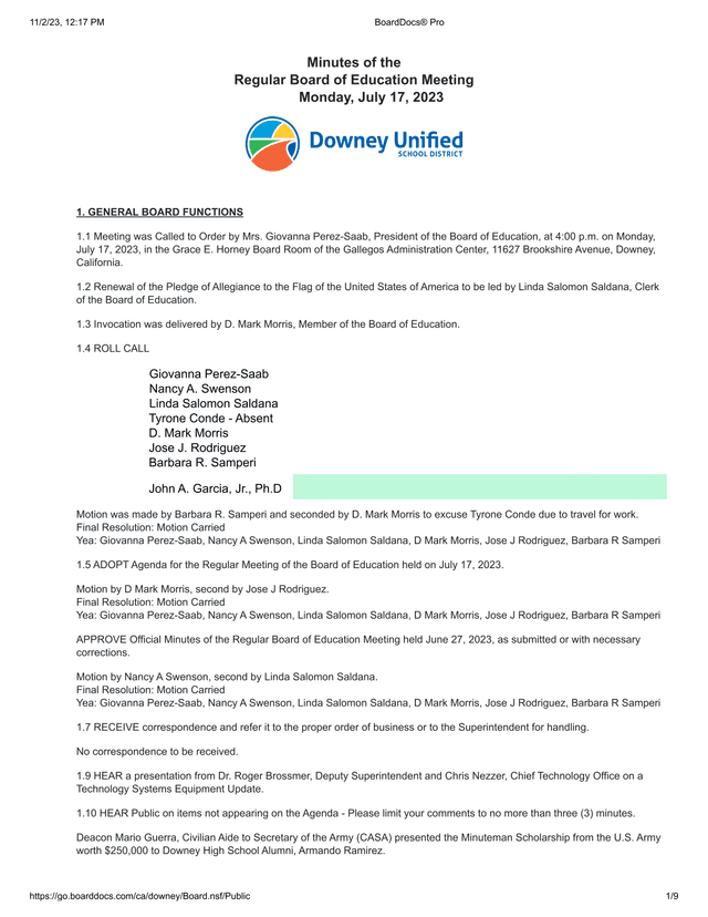 Minutes Of The Regular Board Of Education Meeting screenshot