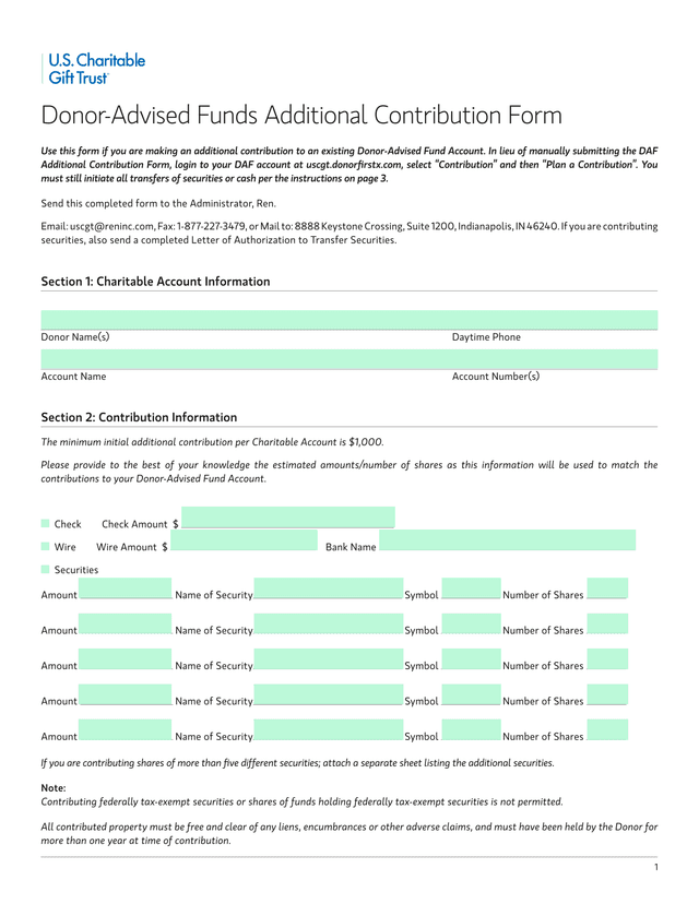 Donor Advised Funds Additional Contribution Form screenshot