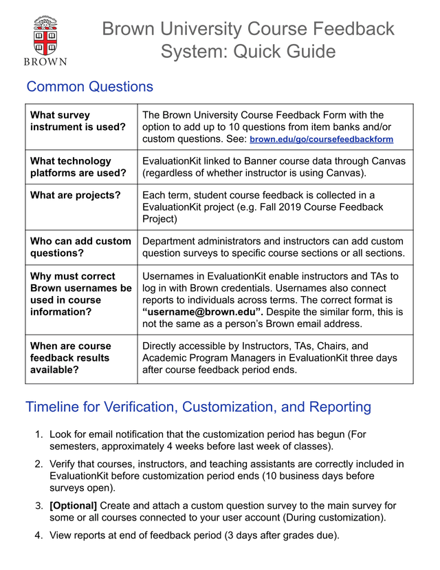 Brown University Course Feedback System Quick Guide screenshot