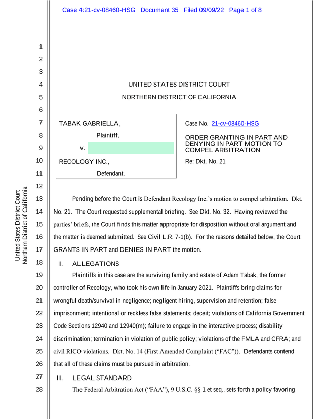 Order Granting In Part And Denying In Part Motion To Compel Arbitration screenshot