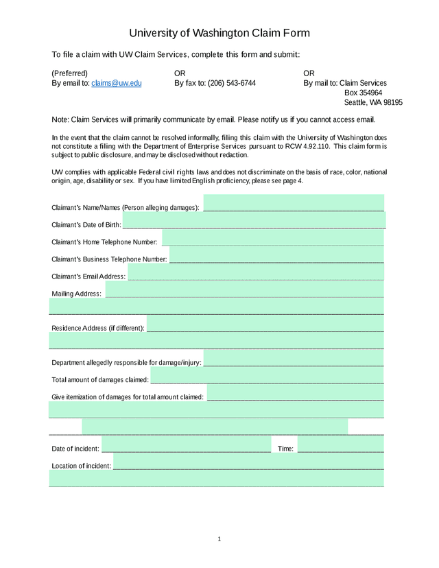 University Of Washington Claim Form screenshot
