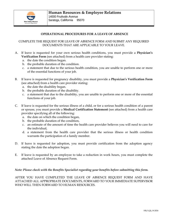 LEAVE OF ABSENCE REQUEST FORM screenshot